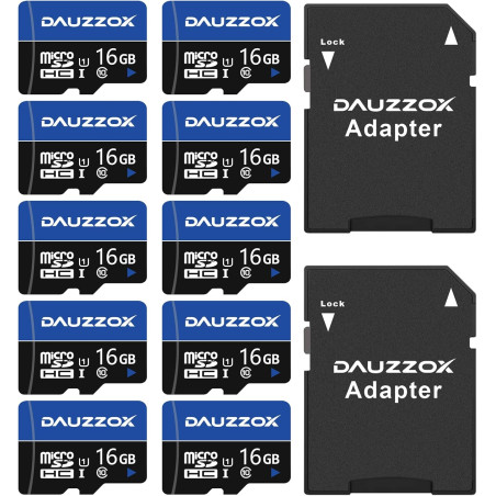 Cartes Micro SD 16Go Lot de 10, DAUZZOX Carte Micro Mémoire MicroSDHC U1 C10 UHS-I, Lecture Maximale 80 Mo/s, pour Smartphone, A