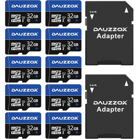 Cartes Micro SD 32Go Lot de 10, DAUZZOX Carte Micro Mémoire MicroSDHC U1 C10 UHS-I, Lecture Maximale 80 Mo/s, pour Smartphone, A
