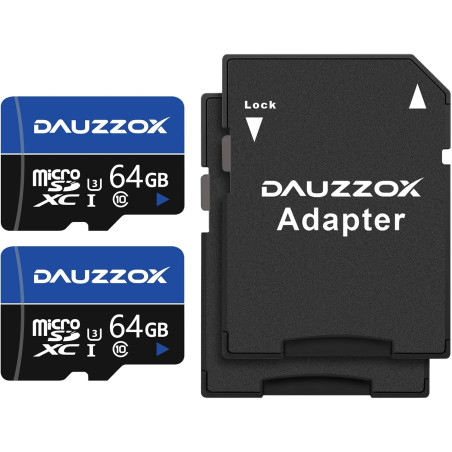 Cartes Micro SD 64Go Lot de 2, DAUZZOX Cartes Micro Mémoire MicroSDXC Full HD et 4K UHD, A1 U3 C10 UHS-I, Jusqu'à 85 Mo/s, Carte