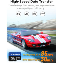 Cartes Micro SD 64Go Lot de 2, DAUZZOX Cartes Micro Mémoire MicroSDXC Full HD et 4K UHD, A1 U3 C10 UHS-I, Jusqu'à 85 Mo/s, Carte