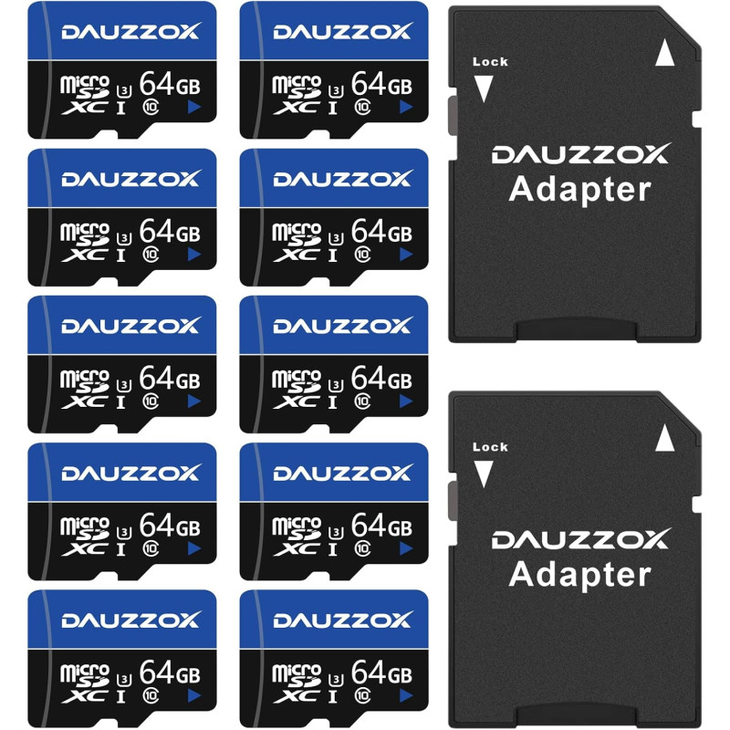 Carte Micro SD 64Go Lot de 10, DAUZZOX Cartes Micro Mémoire MicroSDXC Full HD et 4K UHD, A1 U3 C10 UHS-I, Lecture maximale 85 Mo