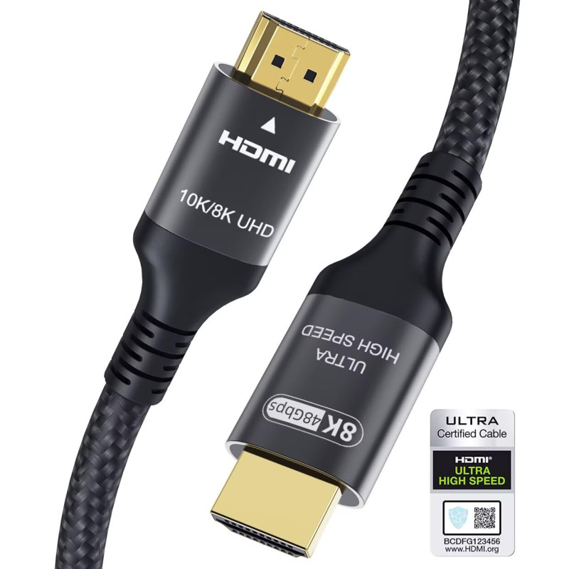 Certifié Câble HDMI 2.1 10K 8K 0.5M, 48Gbps Câble HDMI Ultra Haut Débit Ethernet CEC 4K 240Hz 200Hz 165Hz 144Hz 120Hz 10K 8K 60H