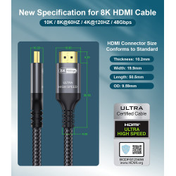 Certifié Câble HDMI 2.1 10K 8K 2.5M, 48Gbps Câble HDMI Ultra Haut Débit Ethernet CEC 4K 240Hz 200Hz 165Hz 144Hz 120Hz 10K 8K 60H
