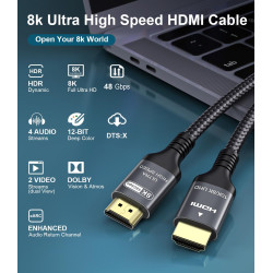 Certifié Câble HDMI 2.1 10K 8K 3M, 48Gbps Câble HDMI Ultra Haut Débit Ethernet CEC 4K 240Hz 200Hz 165Hz 144Hz 120Hz 10K 8K 60Hz 