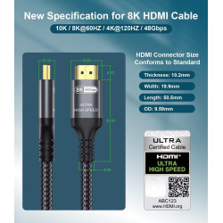 Certifié Câble HDMI 2.1 10K 8K 5M, 48Gbps Câble HDMI Ultra Haut Débit Ethernet CEC 4K 240Hz 200Hz 165Hz 144Hz 120Hz 10K 8K 60Hz 