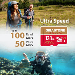 Gigastone Carte Micro SD 128 Go, Enregistrement vidéo 4K pour GoPro, caméra d'action, DJI, Drone, Nintendo Switch, R/W jusqu'à 1