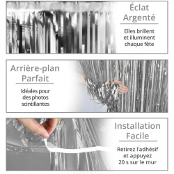 2 Rideaux Métallique Tinsel Argent, Rideaux à Franges en Aluminium, Toile de Fond pour Photos de Fête Argent, Decoration Anniver