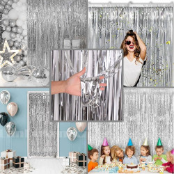 2 Rideaux Métallique Tinsel Argent, Rideaux à Franges en Aluminium, Toile de Fond pour Photos de Fête Argent, Decoration Anniver