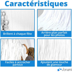 Jonami 2 Rideau Métallique Tinsel Blanc, Rideaux à Franges en Aluminium, Toile de Fond pour Photos de Fête, Décoration Anniversa