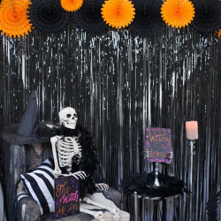 Jonami 2 rideau métallique tinsel noir, rideaux à franges en aluminium, toile de fond pour photos de fête rose, decoration anniv