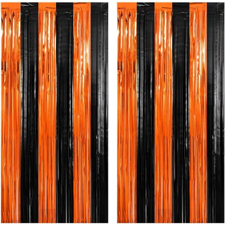 Jonami 2 rideau métallique tinsel orange noir, rideaux à franges en aluminium, toile de fond pour photos de fête, decoration ann