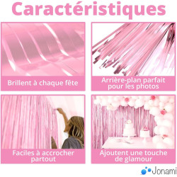 Jonami 2 Rideau Métallique Tinsel Rose Clair, Rideaux à Franges en Aluminium, Toile de Fond pour Photos de Fête, Décoration Anni
