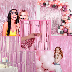 Jonami 2 Rideau Métallique Tinsel Rose Clair, Rideaux à Franges en Aluminium, Toile de Fond pour Photos de Fête, Décoration Anni
