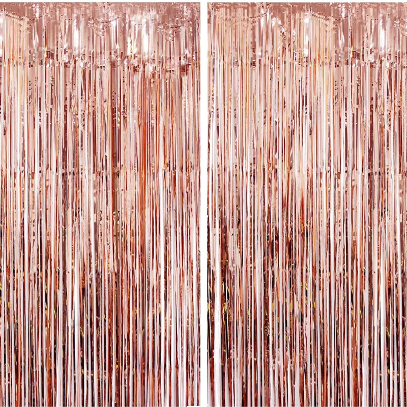 2 rideau métallique tinsel roseor, rideaux à franges en aluminium, toile de fond pour photos de fête rose or, decoration anniver