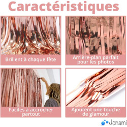 2 rideau métallique tinsel roseor, rideaux à franges en aluminium, toile de fond pour photos de fête rose or, decoration anniver