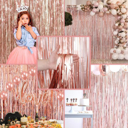 2 rideau métallique tinsel roseor, rideaux à franges en aluminium, toile de fond pour photos de fête rose or, decoration anniver