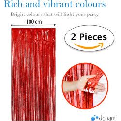 Jonami 2 Rideau Métallique Tinsel Rouge, Rideaux à Franges en Aluminium, Toile de Fond pour Photos de Fête, Decoration Anniversa