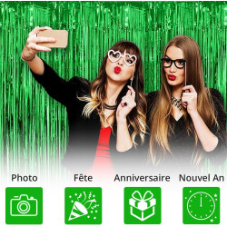 Jonami 2 Rideau Métallique Tinsel Vert, Rideaux à Franges en Aluminium, Toile de Fond pour Photos de Fête, Décoration Anniversai