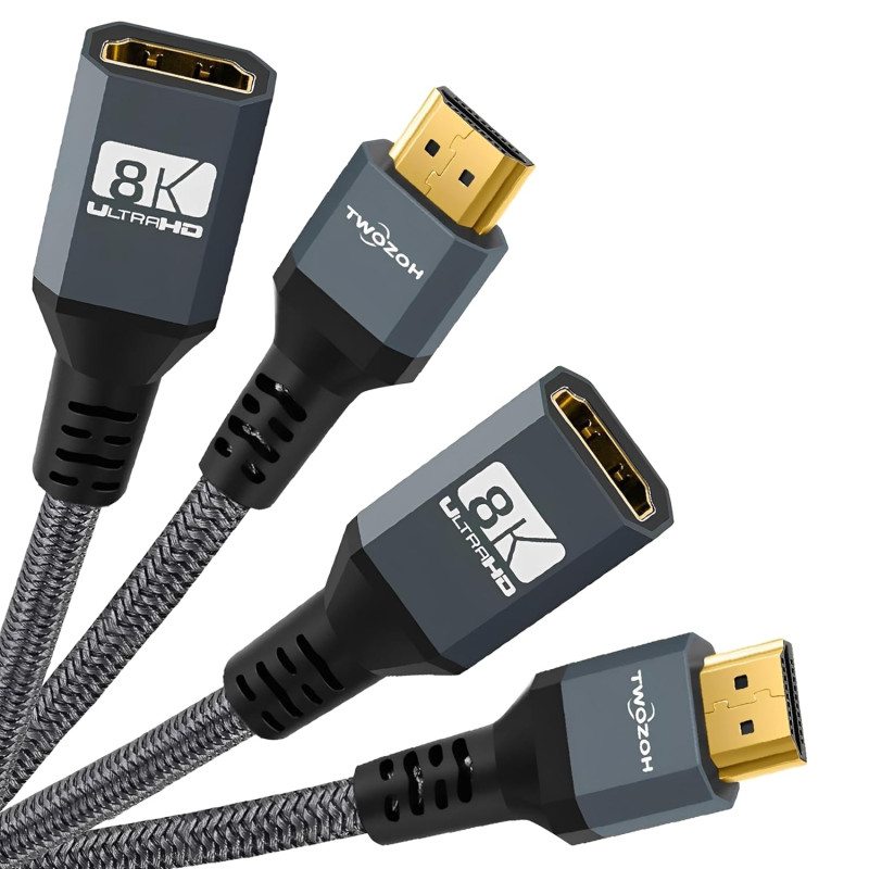 Twozoh Câble d'extension HDMI 8K 0.5M, Lot de 2 Câbles HDMI 2.1 Mâle vers Femelle, Câble d'Extension HDMI Tressé en Nylon Prenan