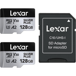 Lexar argent plus lot de 2 cartes micro sd 128 go, vitesse de lecture jusqu'à 205 mo/s, vitesse d'écriture 150 mo/s, carte mémoi