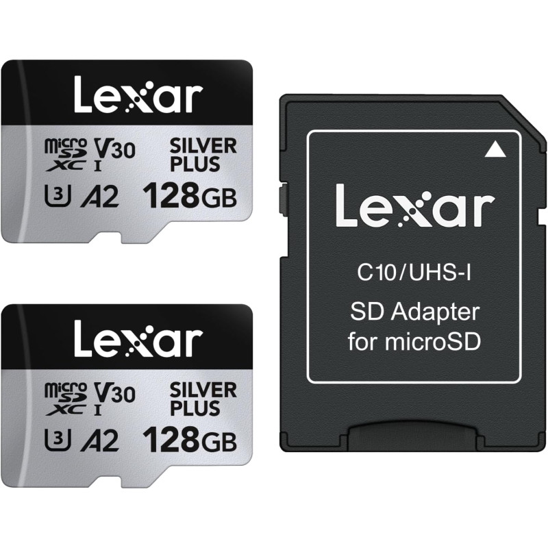 Lexar argent plus lot de 2 cartes micro sd 128 go, vitesse de lecture jusqu'à 205 mo/s, vitesse d'écriture 150 mo/s, carte mémoi