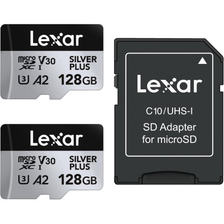 Lexar argent plus lot de 2 cartes micro sd 128 go, vitesse de lecture jusqu'à 205 mo/s, vitesse d'écriture 150 mo/s, carte mémoi