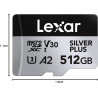 Lexar argent plus carte micro sd 512 go, vitesse de lecture jusqu'à 205 mo/s, vitesse d'écriture 150 mo/s, carte mémoire micro s