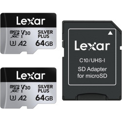 Lexar argent plus lot de 2 cartes micro sd 64 go, jusqu'à 205 mo/s de lecture, 100 mo/s en écriture, carte mémoire micro sd avec