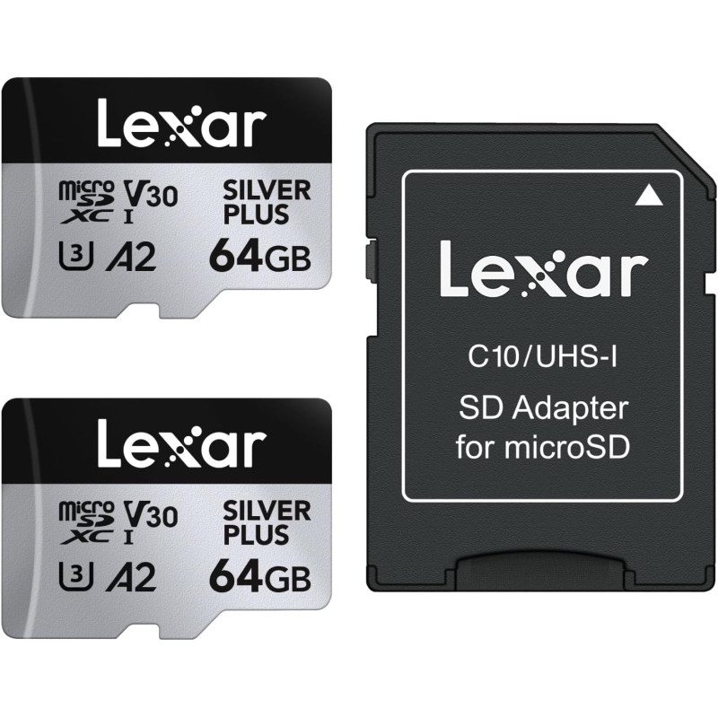 Lexar argent plus lot de 2 cartes micro sd 64 go, jusqu'à 205 mo/s de lecture, 100 mo/s en écriture, carte mémoire micro sd avec