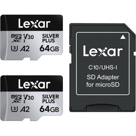 Lexar argent plus lot de 2 cartes micro sd 64 go, jusqu'à 205 mo/s de lecture, 100 mo/s en écriture, carte mémoire micro sd avec