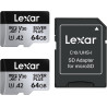 Lexar argent plus lot de 2 cartes micro sd 64 go, jusqu'à 205 mo/s de lecture, 100 mo/s en écriture, carte mémoire micro sd avec