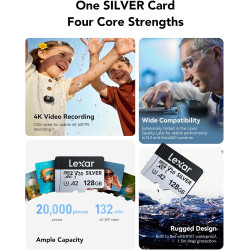 Lexar argent carte micro sd 128 go, microsdxc carte tf jusqu'à 205 mo/s en lecture, 100 mo/s en écriture, carte mémoire micro sd