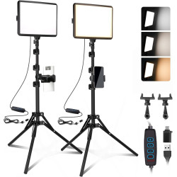25cm*20cm Lumiere Photo, Lot de 2Panneau d'Éclairage Vidéo LED Kit 2800-6500 K avec USB/Support de téléphone, 185cm Kit D'éclair