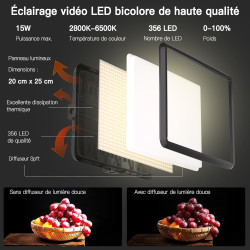 25cm*20cm Lumiere Photo, Lot de 2Panneau d'Éclairage Vidéo LED Kit 2800-6500 K avec USB/Support de téléphone, 185cm Kit D'éclair