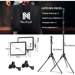 25cm*20cm Lumiere Photo, Lot de 2Panneau d'Éclairage Vidéo LED Kit 2800-6500 K avec USB/Support de téléphone, 185cm Kit D'éclair