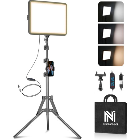 Panneau d'Éclairage Vidéo LED Kit25cm*20cm, Lumiere Photo 2800-6500 K à intensité Variable avec Support de téléphone, 185cm pour