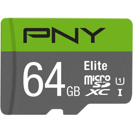 PNY Elite Carte Mémoire microSDXC 64 Go + Adaptateur SD, Vitesse de Lecture 100 Mo/s, Classe 10 UHS-I, U1 pour vidéo Full HD