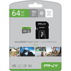 PNY Elite Carte Mémoire microSDXC 64 Go + Adaptateur SD, Vitesse de Lecture 100 Mo/s, Classe 10 UHS-I, U1 pour vidéo Full HD