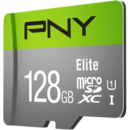 PNY Elite Carte Mémoire microSDXC 128 Go + Adaptateur SD, Vitesse de Lecture 100 Mo/s, Classe 10 UHS-I, U1 pour vidéo Full HD