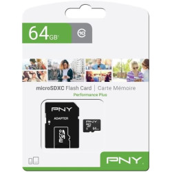 PNY Performance Plus Carte Mémoire microSDXC 64 Go, Classe 10 + Adaptateur SD