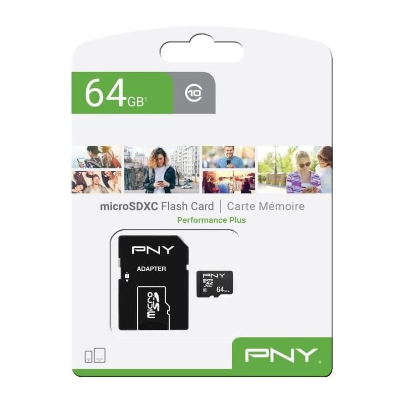 PNY Performance Plus Carte Mémoire microSDXC 64 Go, Classe 10 + Adaptateur SD