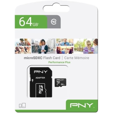 PNY Performance Plus Carte Mémoire microSDXC 64 Go, Classe 10 + Adaptateur SD
