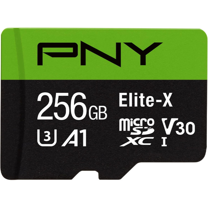 PNY Elite-X Carte mémoire microSDXC 256 Go + Adaptateur SD, 100 Mo/s Vitesse de Lecture, Classe 10 UHS-1, U3, A1 App Performance