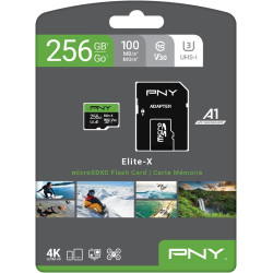 PNY Elite-X Carte mémoire microSDXC 256 Go + Adaptateur SD, 100 Mo/s Vitesse de Lecture, Classe 10 UHS-1, U3, A1 App Performance