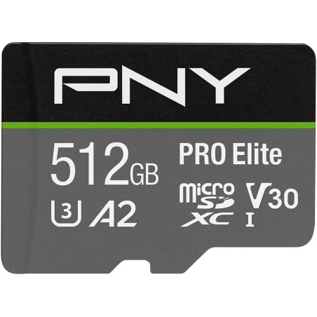 PNY Pro Elite Carte mémoire microSDXC 512 Go + Adaptateur SD, Vitesse de Lecture jusqu'à 100 Mo/s, Vitesse d'écriture jusqu'à 90