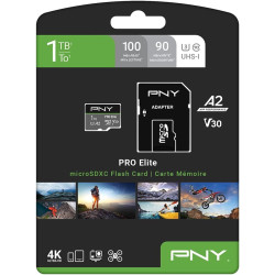 PNY Pro Elite Carte mémoire microSDXC 1 to + Adaptateur SD, A2 app Performance, Vitesse de Lecture jusqu'à 100 Mo/s, Classe 10 U
