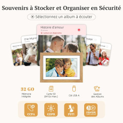 Cadre Photo Numérique Bois WiFi 10.1 Pouces, Mémoire 32 Go, écran Tactile IPS 1280 * 800 HD, Auto-Rotation, Montage Mural, Parta