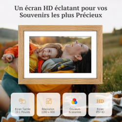 Cadre Photo Numérique Bois WiFi 10.1 Pouces, Mémoire 32 Go, écran Tactile IPS 1280 * 800 HD, Auto-Rotation, Montage Mural, Parta