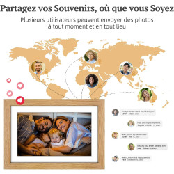 Cadre Photo Numérique Bois WiFi 10.1 Pouces, Mémoire 32 Go, écran Tactile IPS 1280 * 800 HD, Auto-Rotation, Montage Mural, Parta