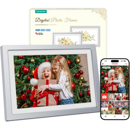 Frameo Cadre Photo Numérique Argent WiFi 10.1" Cadre Photo électronique, écran Tactile 1280 * 800 HD IPS, Mémoire 32GB, Montage 